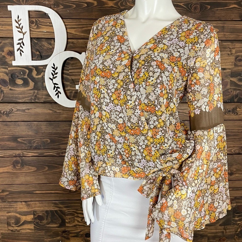 June & Hudson | Boho‎ Floral Faux Wrap Blouse Deep V-Neckline Wide Bell Sleeve